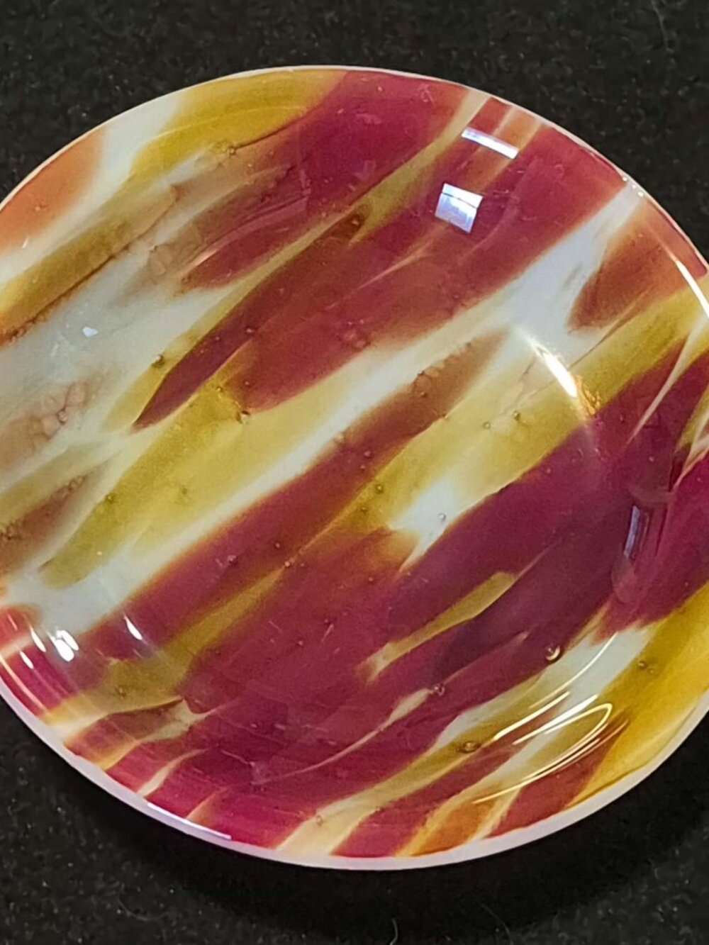 Fused Art Glass Bowl Cranberry Pink Amber Opalescent White Trinket Dish
